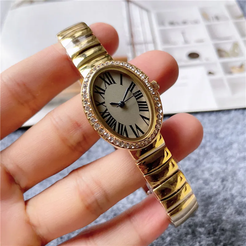 Marque de mode montres femmes fille cristal ovale chiffres arabes Style acier métal bande belle montre-bracelet C61189Q