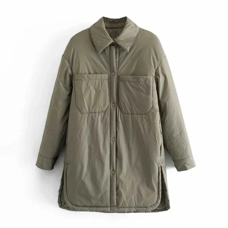 冬のファッション到着ターンダウンカラー長袖シャツコートブラックグリーンレディースパッケスポケットマザーソリッドジャケット211014
