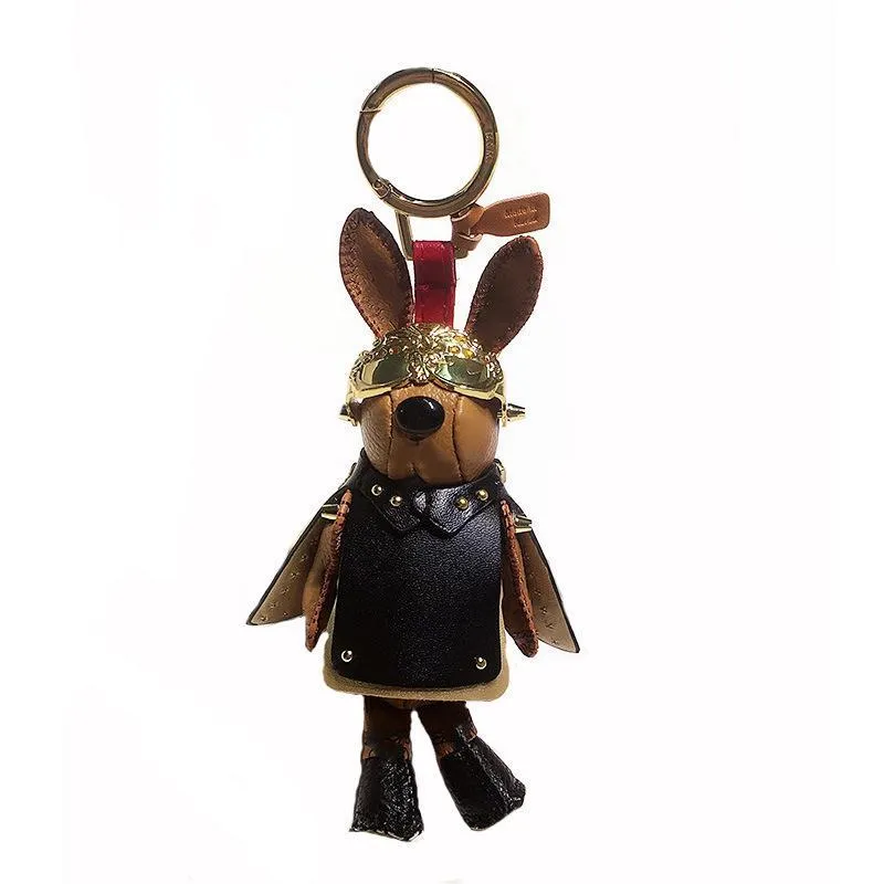 Luxury Korea Punk Keychain For Women's Charm Bag Pendant Leather Rabbit Sunglasses With Real Mink Pompom Car Ornaments Chains259R
