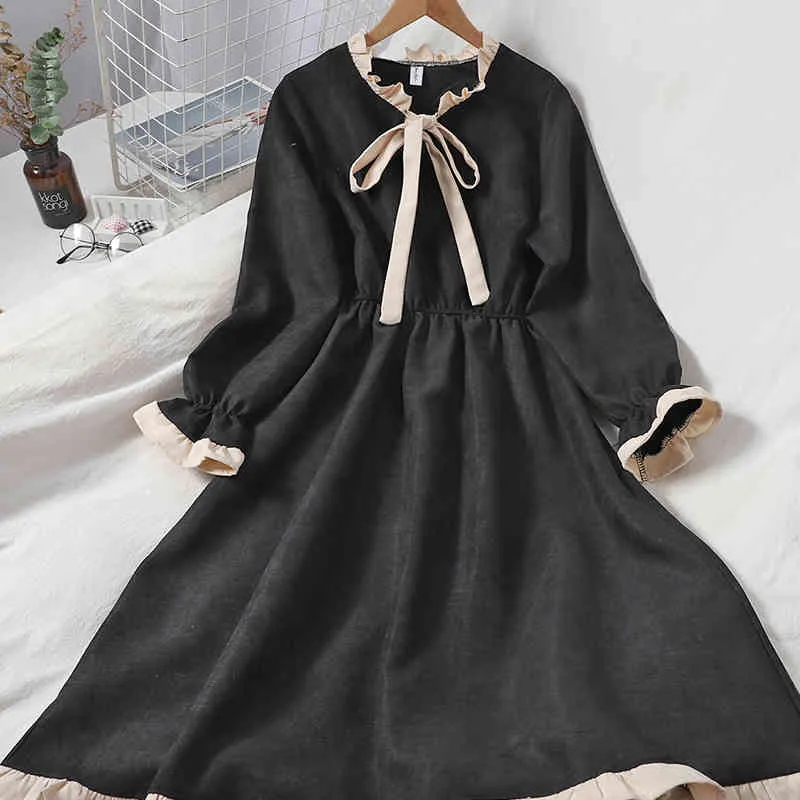 Automne Hiver Robe Japon Style Kawaii À Lacets Robes Vintage Arc A-ligne Robes Hiver Preppy Robes Femmes 18941 210415