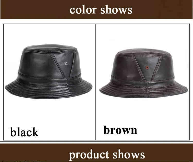 Man Real Leather Fitted Flat Bucket Hats Male Outdoor Potted Short Brim Black/Brown Hip Pop Gorras Elderly Fishing Cap