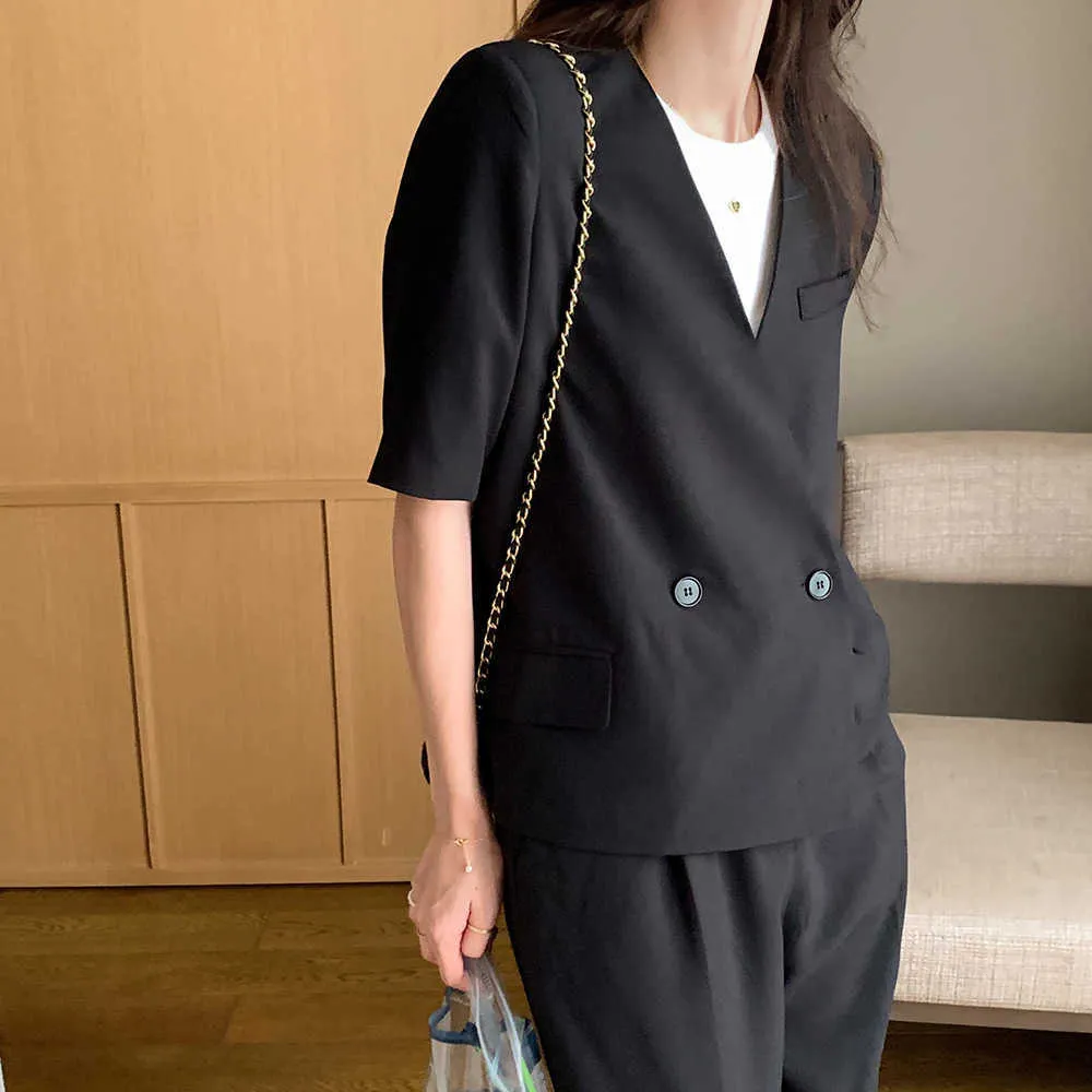 Black Solid Short Sleeves Plus Summer V-Neck Gentle Blazers +OL Loose Casual Straight Pants Suits Two Piece Sets 210525