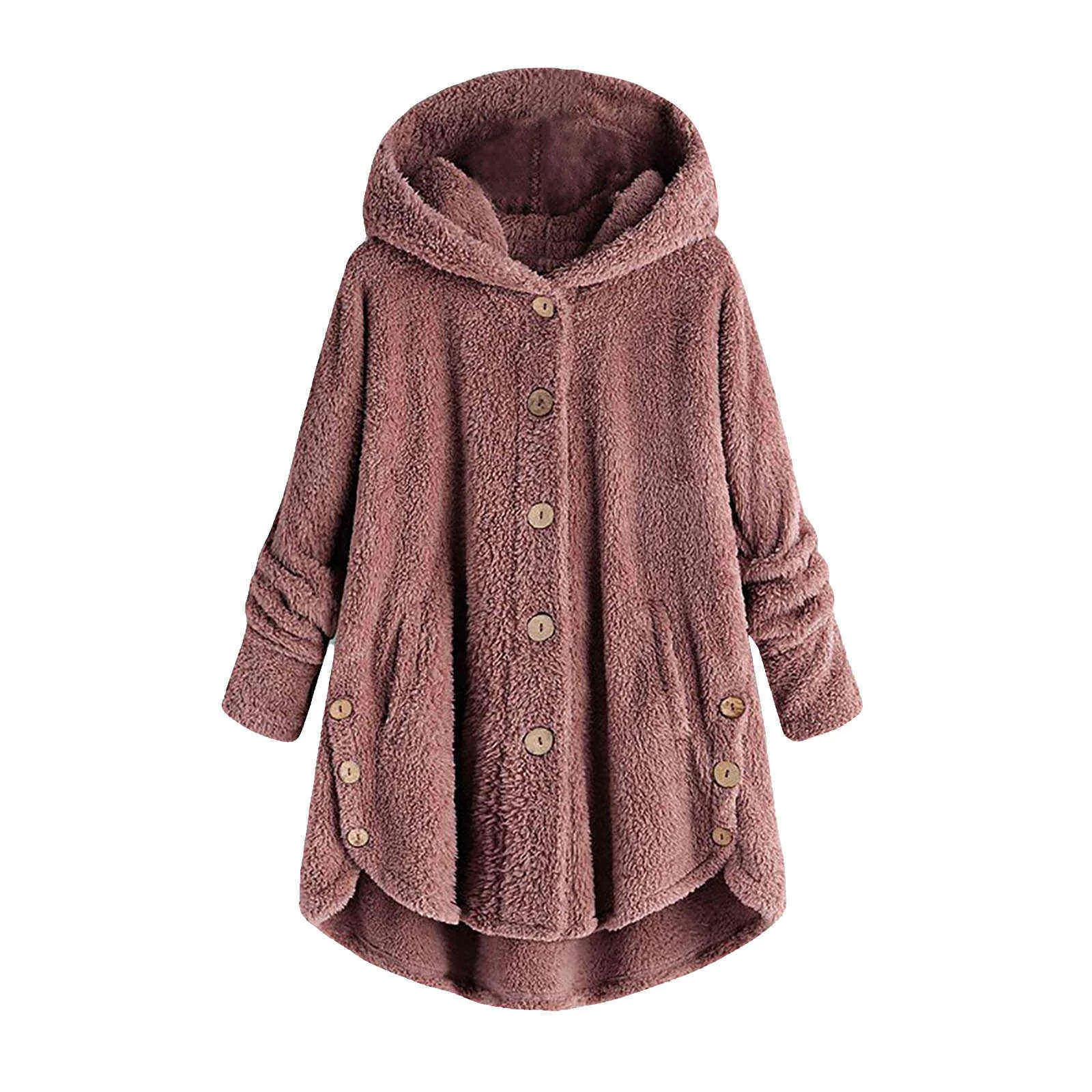 Giacca in lana cappotto invernale da donna taglia grande con bottoni spessa giacca a tre petti in peluche cardigan ampio con cappuccio tinta unita 211118