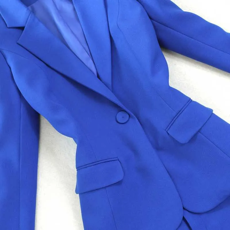 Slim Blue Blazer повседневная одиночная кнопочная костюм и брюки женские офисные работы двух частей темперамент широко-нога 210527