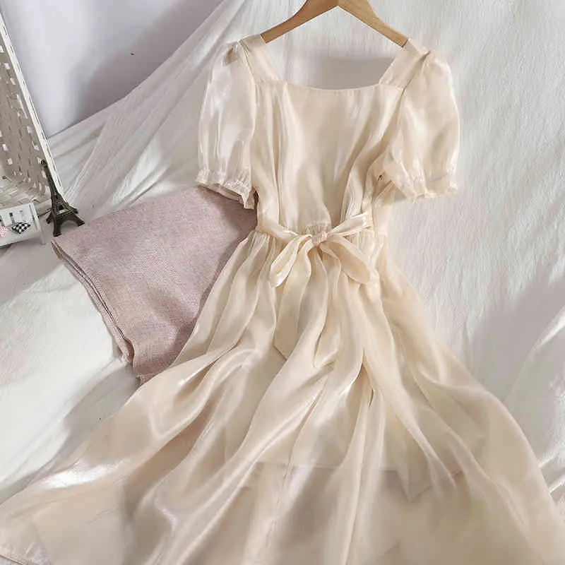 Botão Coreano Botão Pescoço Bubble Sleeve Color Pure Dress Elegante Vestido Verão Moda Brilhante A linha Longa Vestido 210420