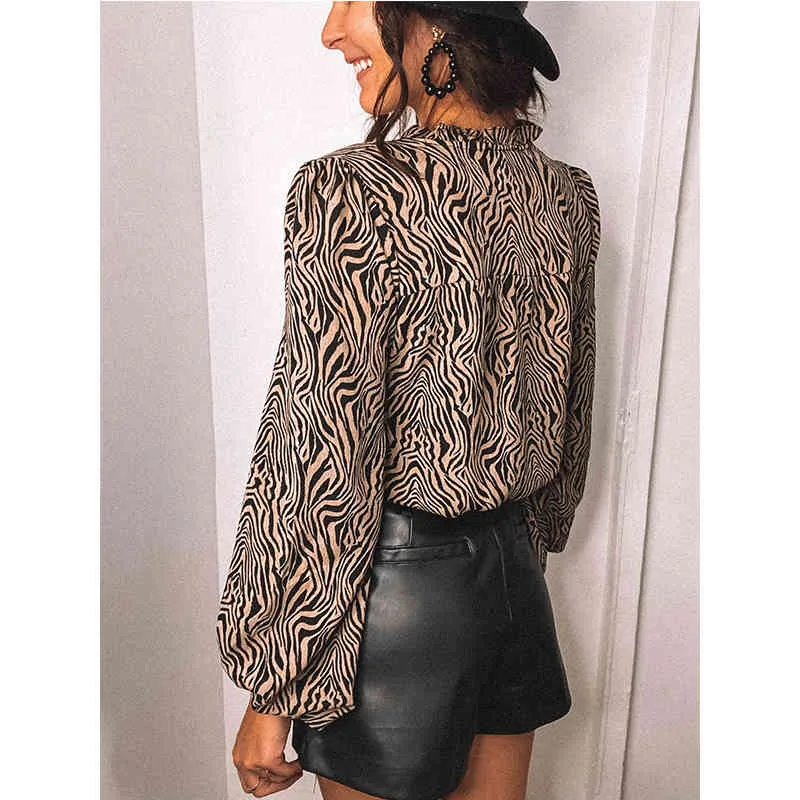 Work Wear Women's Shirt Sexy Long Sleeve Zebra Printed Blouse 2021 Spring Summer Casual Top Blouse Female Streetwear Lace Blouse X0521