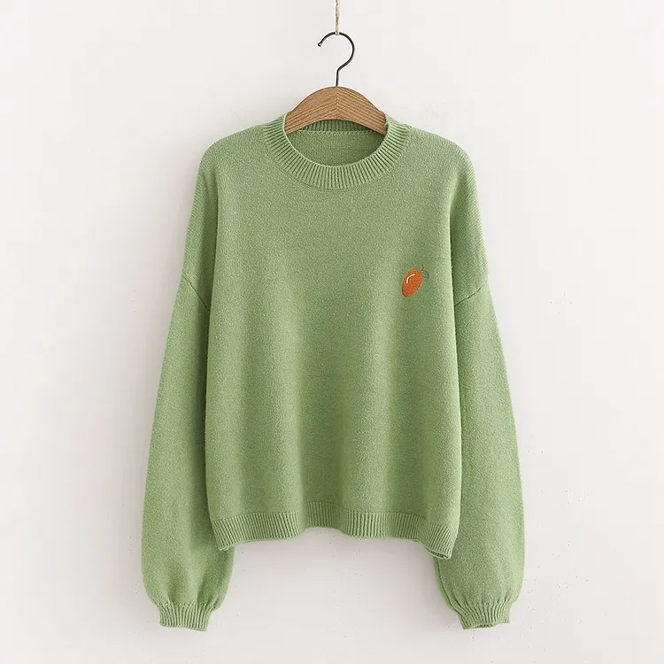 Höst Vinter Kvinnor Casual Sweater Pullovers Lemonfrukt Broderi Jumpers Japanska Gul Stickad Top 210430