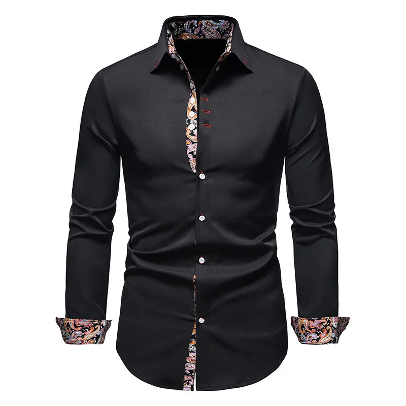 Svart Paisley Mens Shirt Patchwork Slim Långärmad Casual Skjortor Män Splice Skriv ut Arbete Business Bröllop Camisas Spring Märke 210524