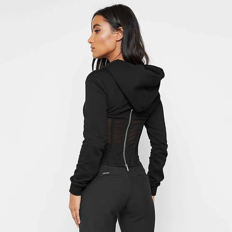 Autunno delle Donne Sexy Della Maglia Della Rappezzatura Prospettiva Sportywear Felpa Cerniera Felpa Con Cappuccio Camicia Femminile Fitness Jogging Felpa 210709