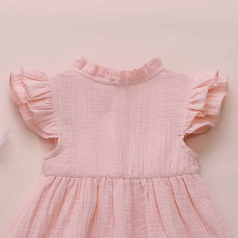 卸売夏の女の赤ちゃんのドレスコットンソリッドカラー弓フレアスリーブ1st誕生日子供服E185 210610