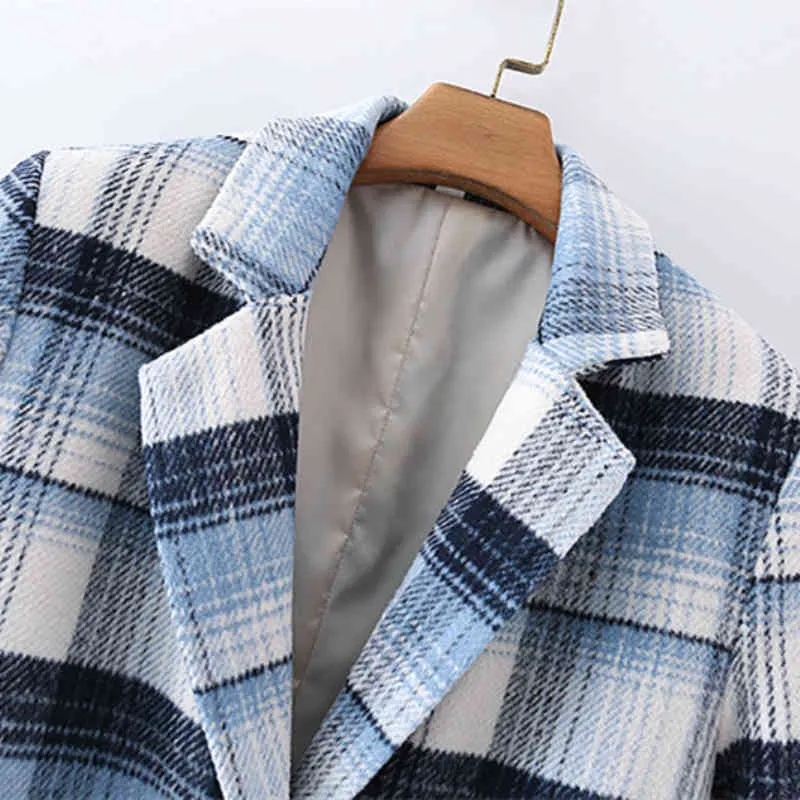 Vinatge vrouw blauw plaid patchwork blazer jassen lente casual dames schouder pad blazers vrouwelijke chique botton jacks 210515