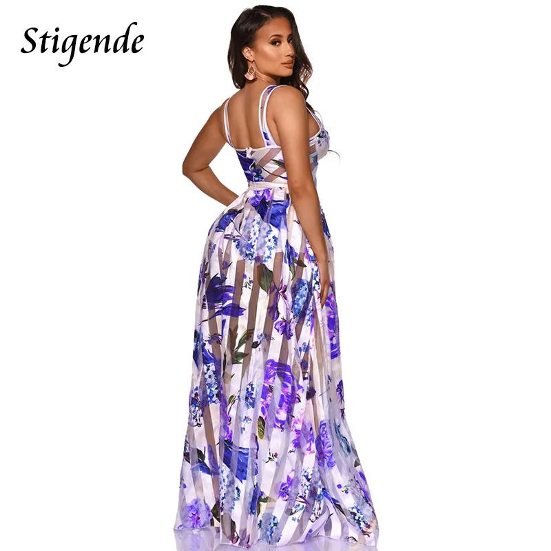 Stigende 여성 꽃 인쇄 패치 워크 메쉬 Maxi 드레스 여름 섹시한 긴 스윙 드레스를 통해 보헤미안 스파게티 스트랩 sundress x0521