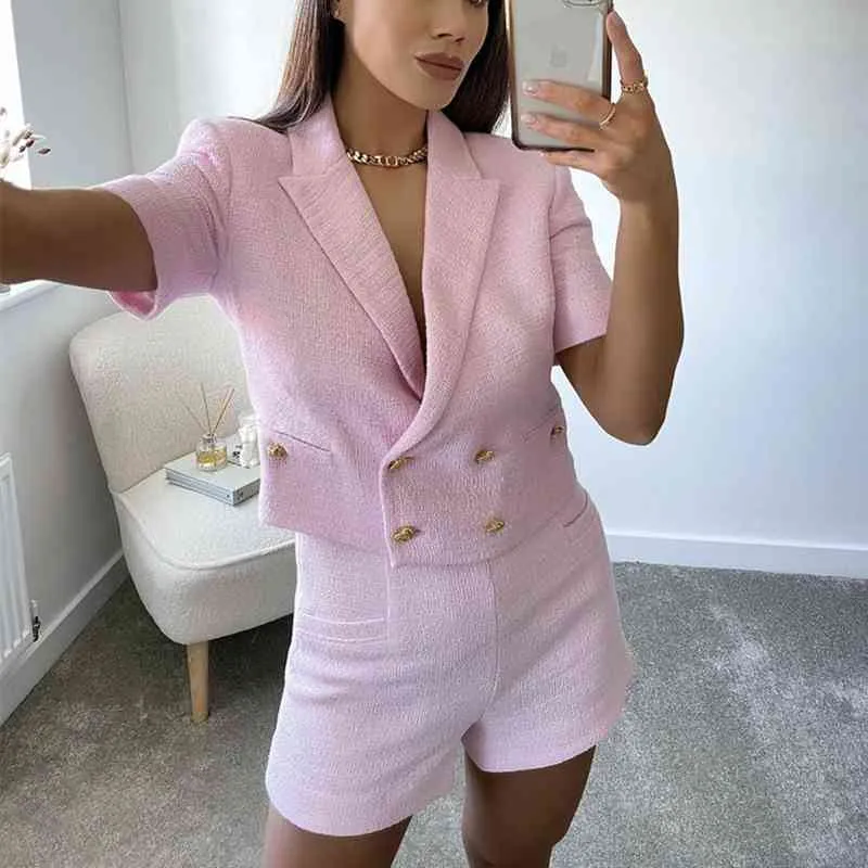 Casual Woman Pink Tweed Matching Sets Spring Fashion Short Sleeve Suits Ladies Sweet Streetwear Shorts Suit 210515
