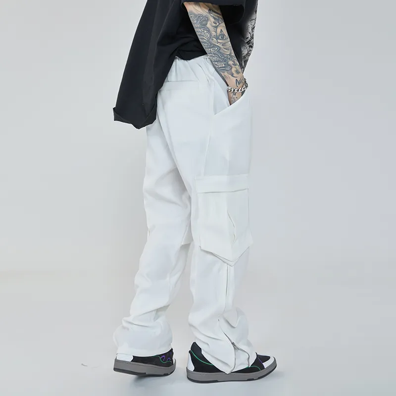 Rahat Kargo Pantolon Harajuku Çok Cepler Düz Yan Fermuar Erkek Yüksek Sokak Boy Baggy Pantolon Hip Hop Katı Siyah