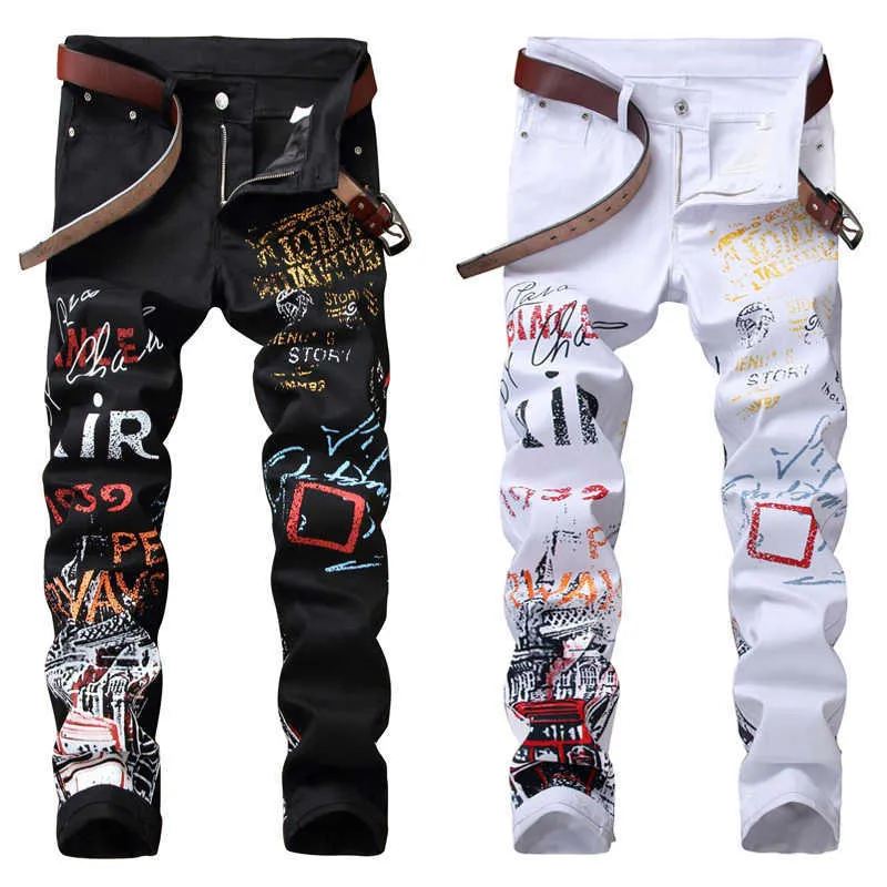 High Street Fashion Herr Jeans Nattklubb Svart Vit Färg Personlig Designer Printed Jeans Herr Punk Byxor Skinny Hip Hop Jeans X0723