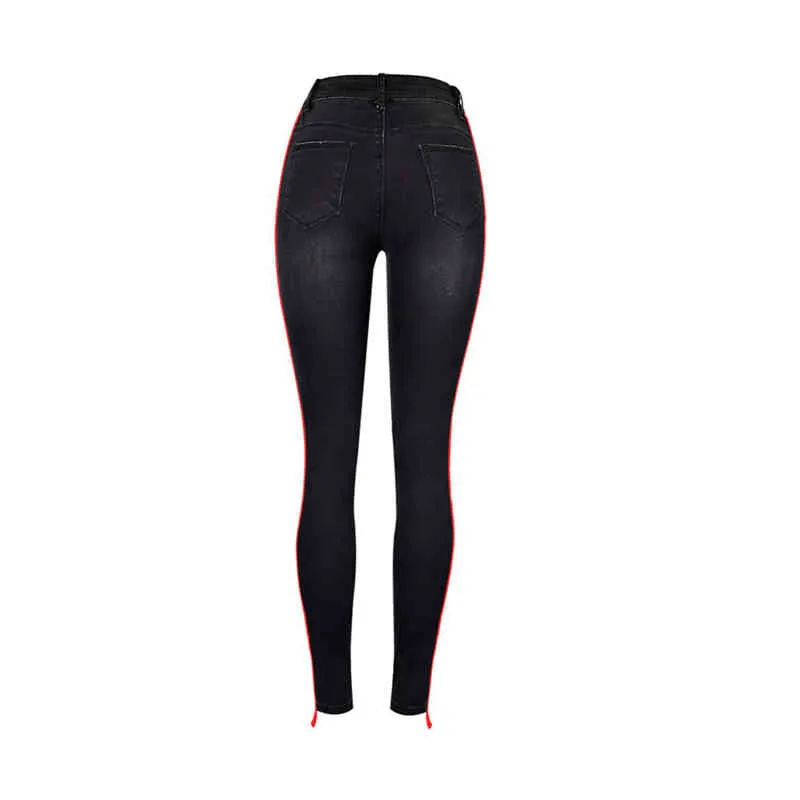 Mode rouge rayé taille haute jeans femme Sexy noir stretch maigre maman femmes Streetwear Denim crayon pantalon 210521