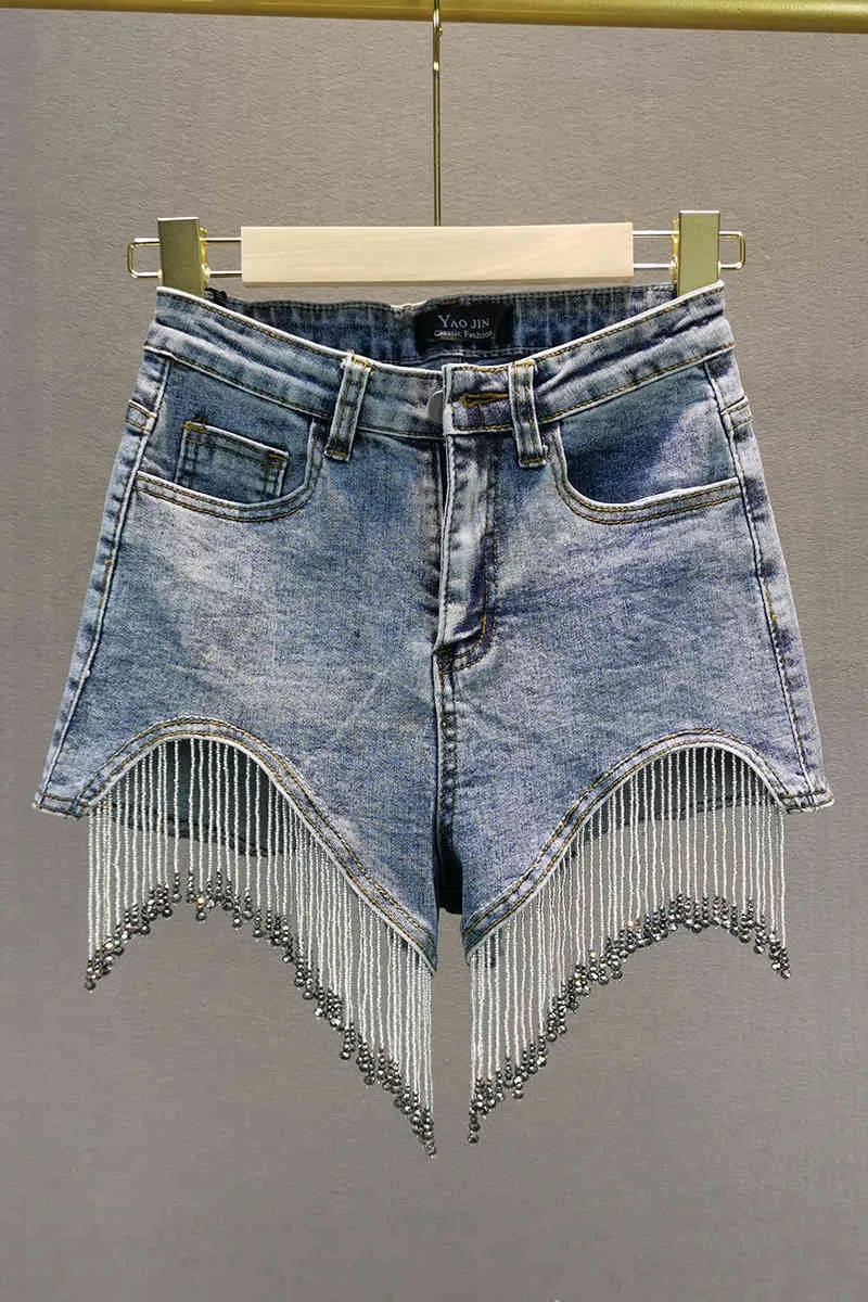 Été Femmes Taille Haute Poches Strass Gland Mode Tendance Streetwear Bleu Denim Shorts Femme AY577 210427