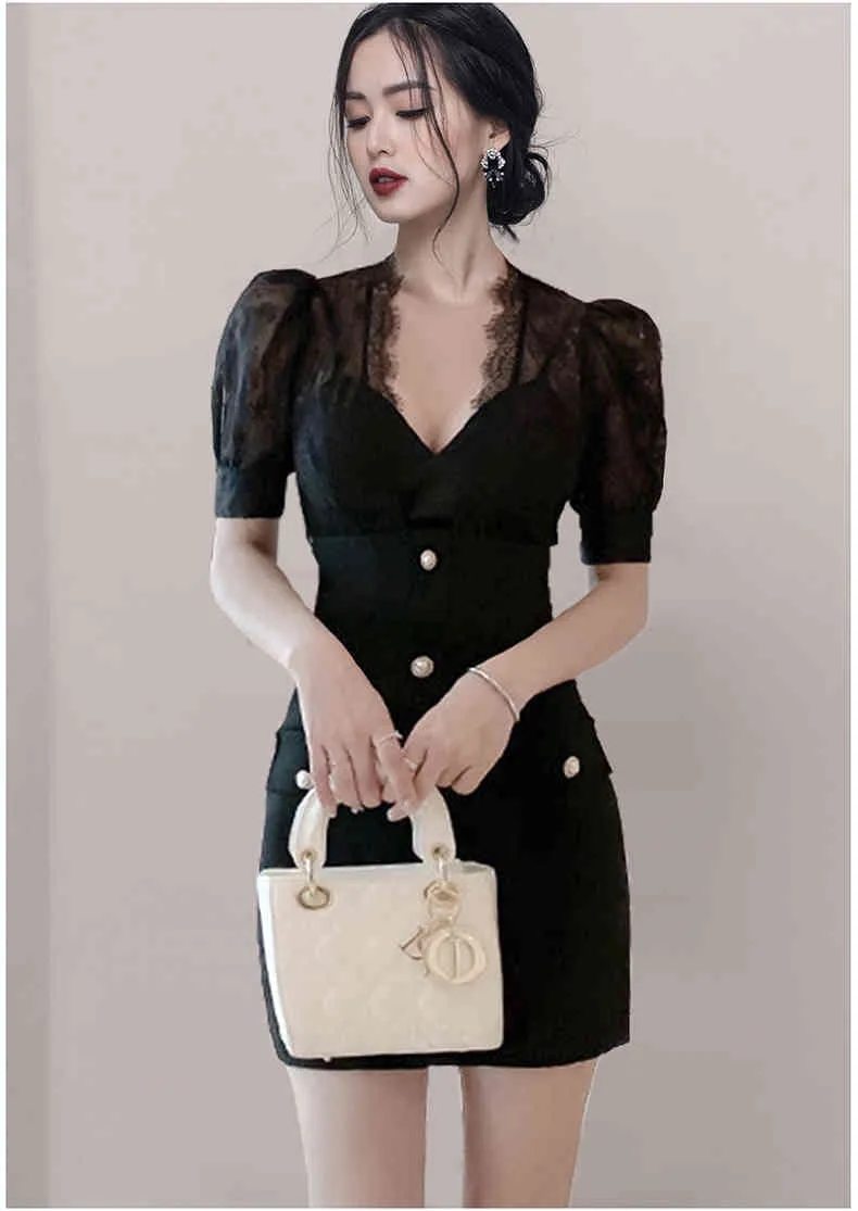 Korea Chic Sexy See Through Lace Patchwork V-Neck Puff Sleeve Bodycon Klänning Elegant Office Ol Sheath Dress Vestidos 210518