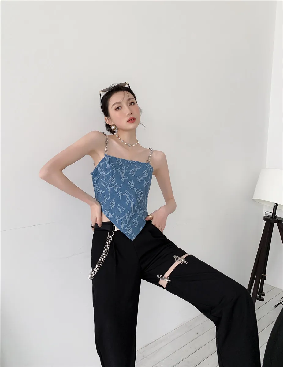 분리 가능한 디자이너 펑키 블랙 바지 여름 높은 허리 긴 바지 바지 여성 패션 Y2K 의류 210427