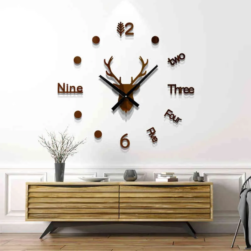 3D zegar ścienny lustro naklejki ścienne Deer Head Kreatywne majsterkowanie duży zegar ścienny kwarc zegarek sztuki naklejka naklejka na salon wystrój domu H7492823