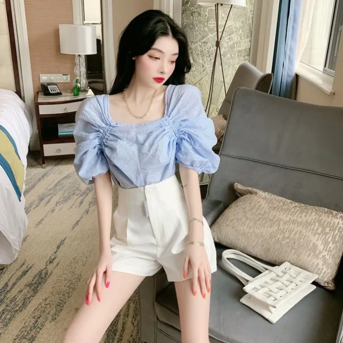 Коробов старинные рубашки с слоеным рукавом Корейский шик элегантный Blusas Mujer Office Lady женщины блузки ruched Slim Sweet Tops 210430