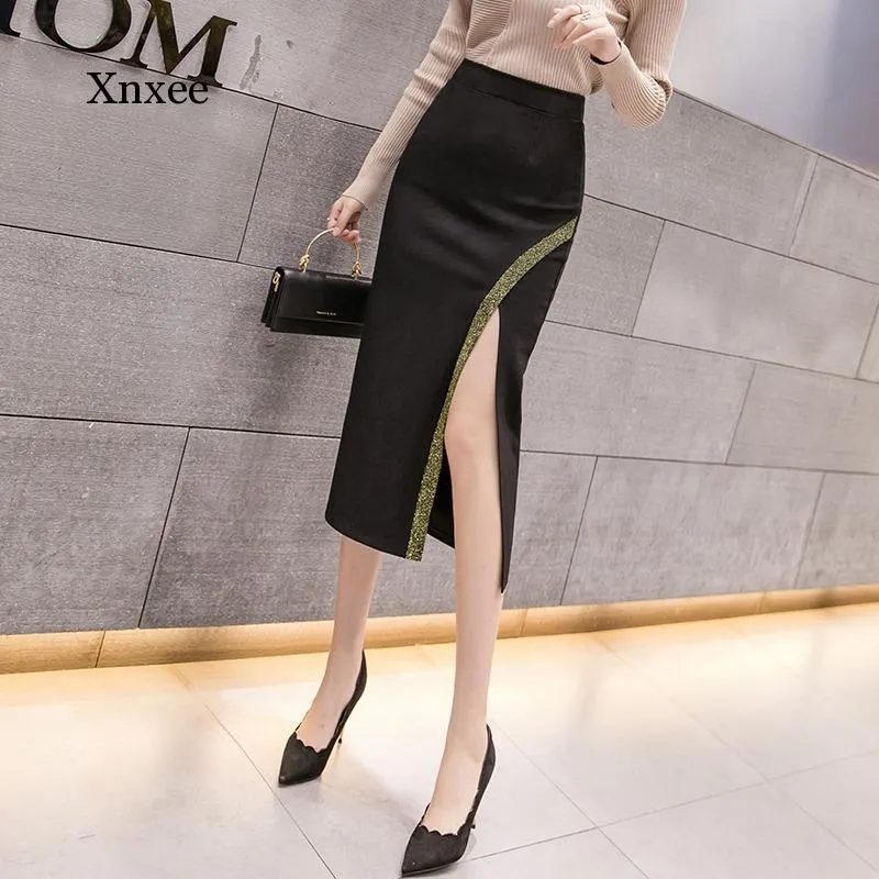 Jupes pour femmes Skinny Femmes Mode Paillettes Patchwork Slim Taille Haute Jupe Crayon Sexy Bureau Travail Jupe Noire Femmes X0428