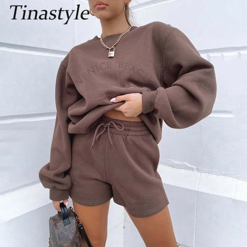 Tinastyle Tuta invernale spessa in due pezzi donna Pullover manica lunga e pantaloncini a vita alta Tuta casual 2 pezzi Set caldo X0428