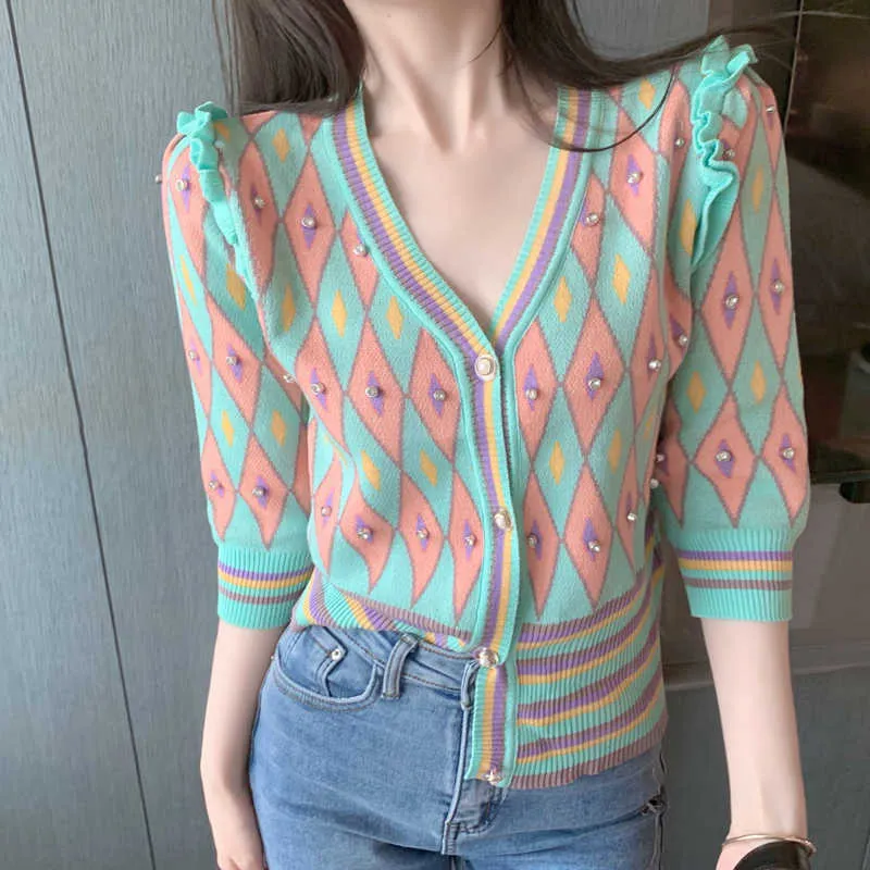 Korobov Summer Thin Knitted Women Cardigans Korean Short Sleeve V Neck Sweaters Vintage Elegant Outwear Knitwear 211011
