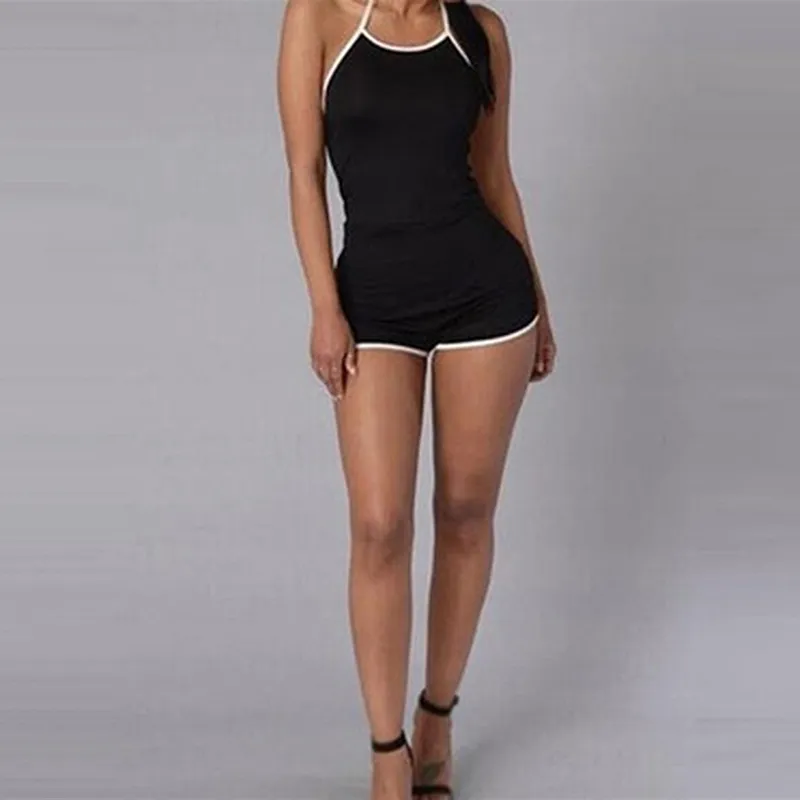 Black jumpsuit women summer sleeveless slim short romper contrasting hanging neck strap sexy playsuit female Casua 210517