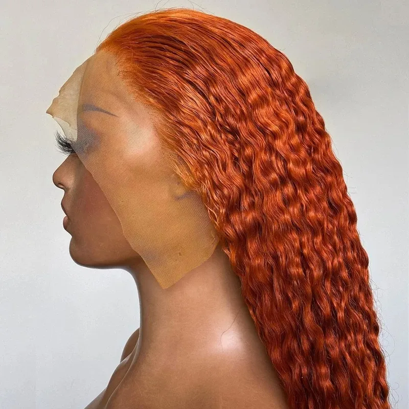 26Inch Deep Wave Ginger Orange Lace Frontal Synthetic Hair Wig For Women Preplucked Heat Resistant Daily Wigs 180% Density Curly