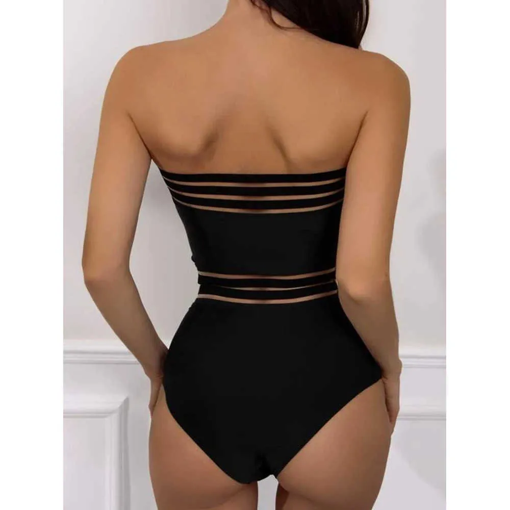 Vintage baddräkt mesh badkläder kvinnlig sommar svart baddräkt strapless beachwear swimming kostymer för kvinnor 210604