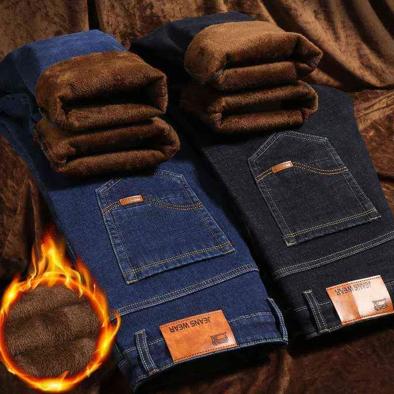 Zima ciepłe ciepłe flanel stretch dżinsy męskie zimowe jakości słynne marki spodnie polarowe mężczyźni proste spodnie flockowe jean mężczyzna 211206