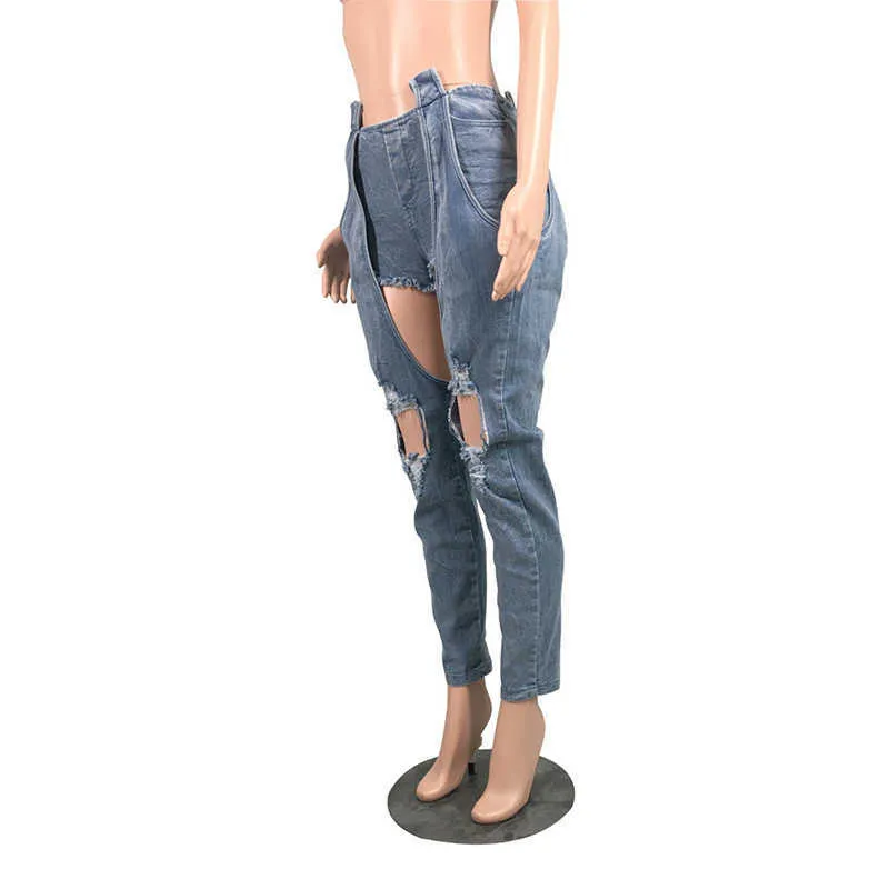 Sexy détruit trou denim jeans pour femmes taille haute épissé déchiré plus taille streetwear mujer maigre pleine longueur 210629