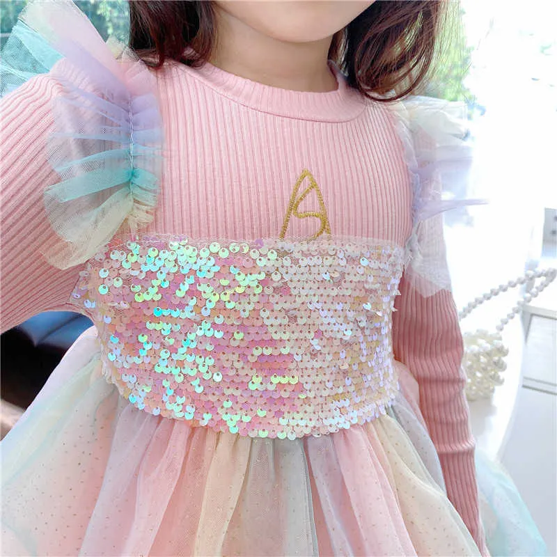 Love DDMM meisjes jurken herfst mode kid's slijtage borduurwerk pailletten regenboog mesh gaas prinses lange mouw jurk 210715