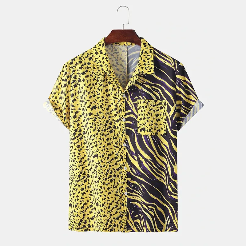 Camicie estive stampate leopardate selvagge uomo Moda Hip Hop Camicia a maniche corte da uomo Patchwork casual Chemise Homme con tasca 210524