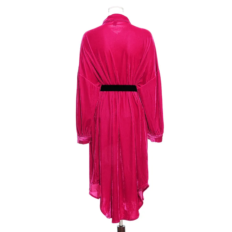 [EAM] Женщины Vintage Velor Red Tourisure Длинные платья отворота рукава свободная подходящая мода весна осень 1DD2366 210512