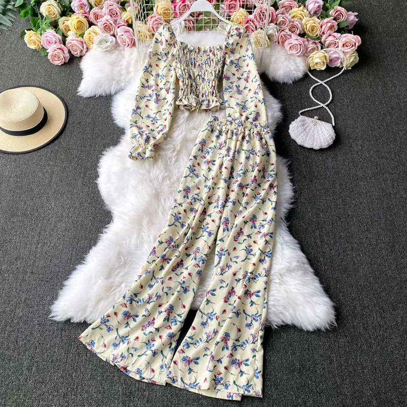 Fashion Vintage suit Elegant U neck waist slimming floral shirt two-piece sets womens high slim wide-leg print pants 210420