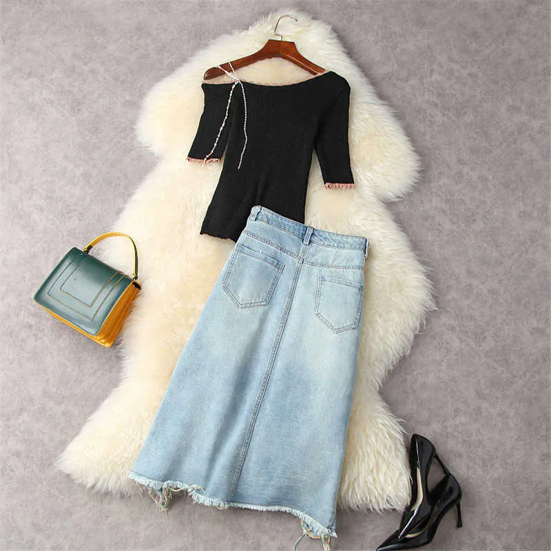 Yaz Kadın Elbise Set Moda Tasarımcısı Bir Omuz Örme Üst + Püskül Denim Etek 2 Parça Suit Eşleştirme Set Outfits 210601