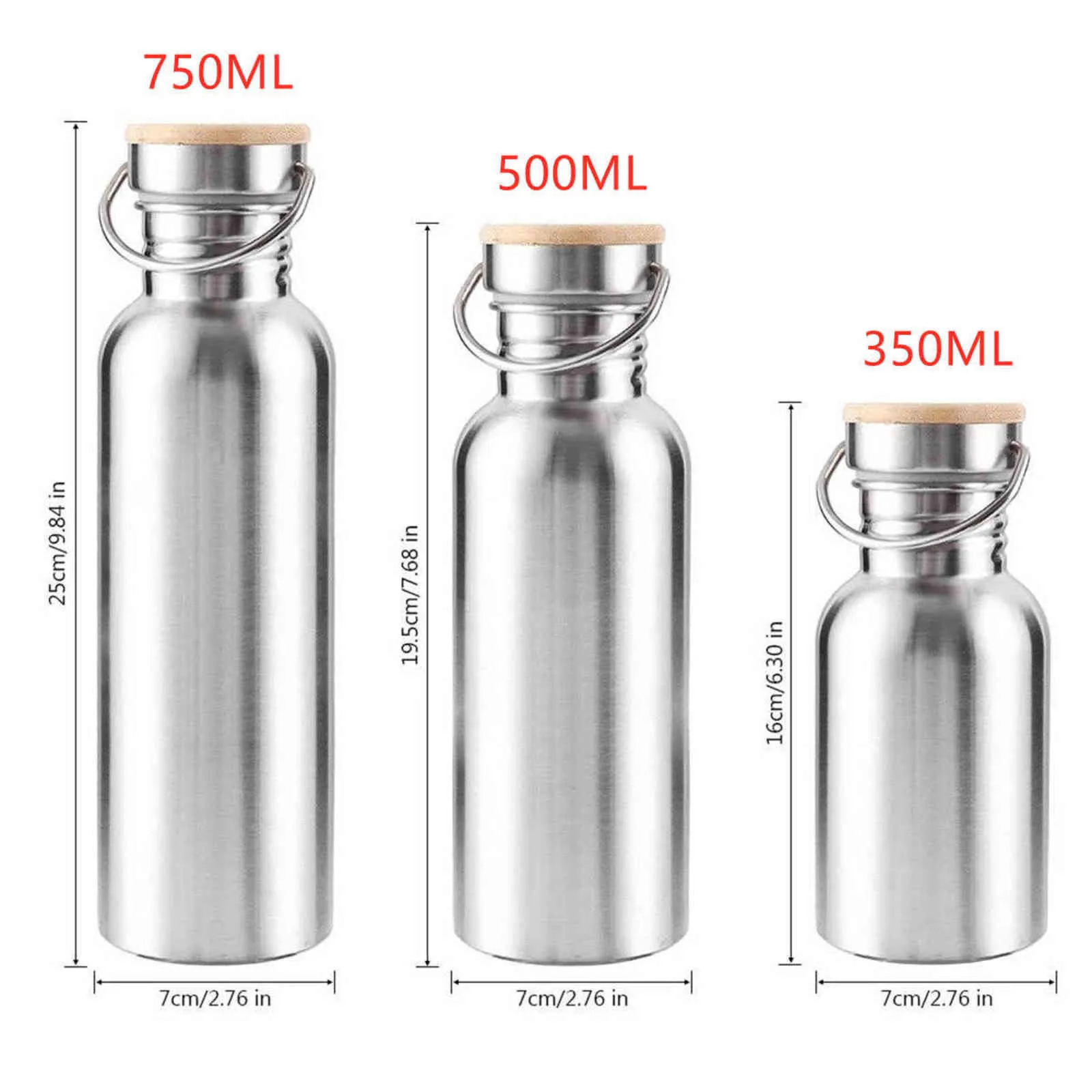 350/500/750ml Stainless Steel Wide Mouth Drinking Water Bottle Sports Cycle Bamboo Cap 211122