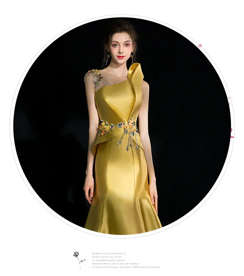 2023 Zarif Altın Puiceli Denizkızı Prom Elbiseler Bir Omuz Boyun Tarafı Bölünmüş Akşam Elbiseleri Saten Süpürme Tren Özel Durumu Resmi Elbise