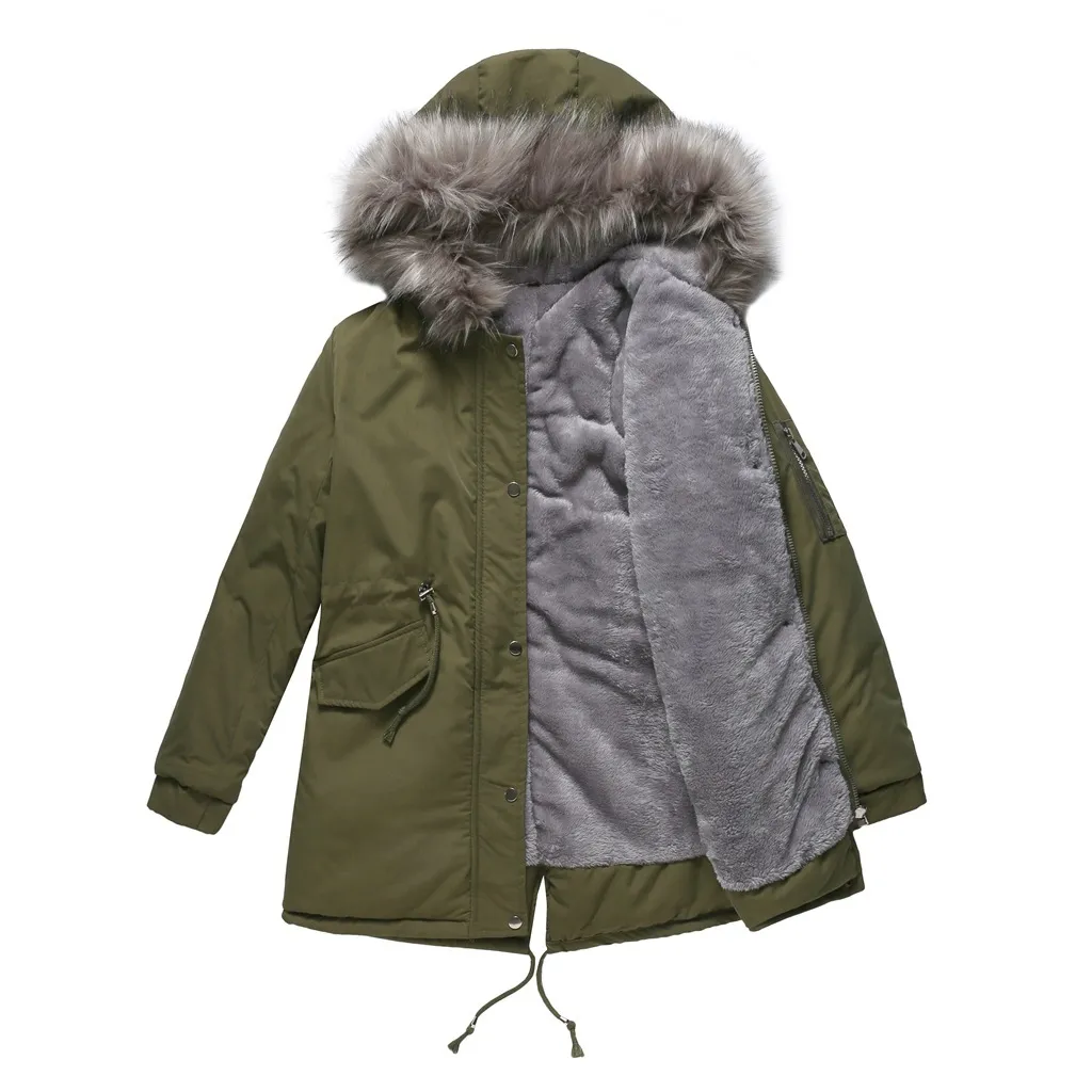 Plus Size Pelzkragen dick gepolsterter Mantel Frauen Winter mit Kapuze Wolle Liner warme Jacke weibliche Kordelzug Taille mittlere Länge Mantel 210507