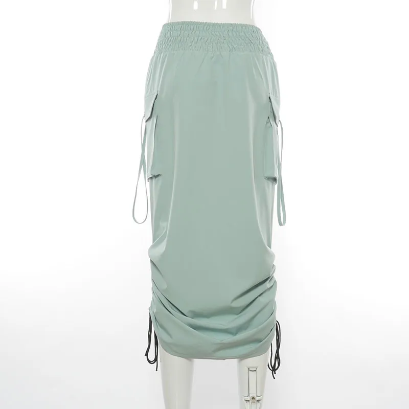 NewAsia Falda larga Mujer Bolsillo grande Cintura elástica Cordón Atar Color Sólido Falda de carga fruncida Damas Casual Chic Streetwear 210413