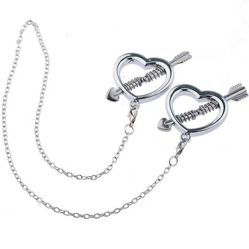 Nxy Sex Pump Toys Adjustable Stainless Steel Heart Shaped Breast Nipple Clamps Clips Metal Chain Torture Restraint Bdsm 1221