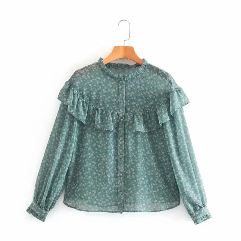 Top Women Green Chiffon Ruffle Printed Blouse Woman Vintage Långärmad O-Hals Se igenom Button-up Toppar Dam Blusar 210519