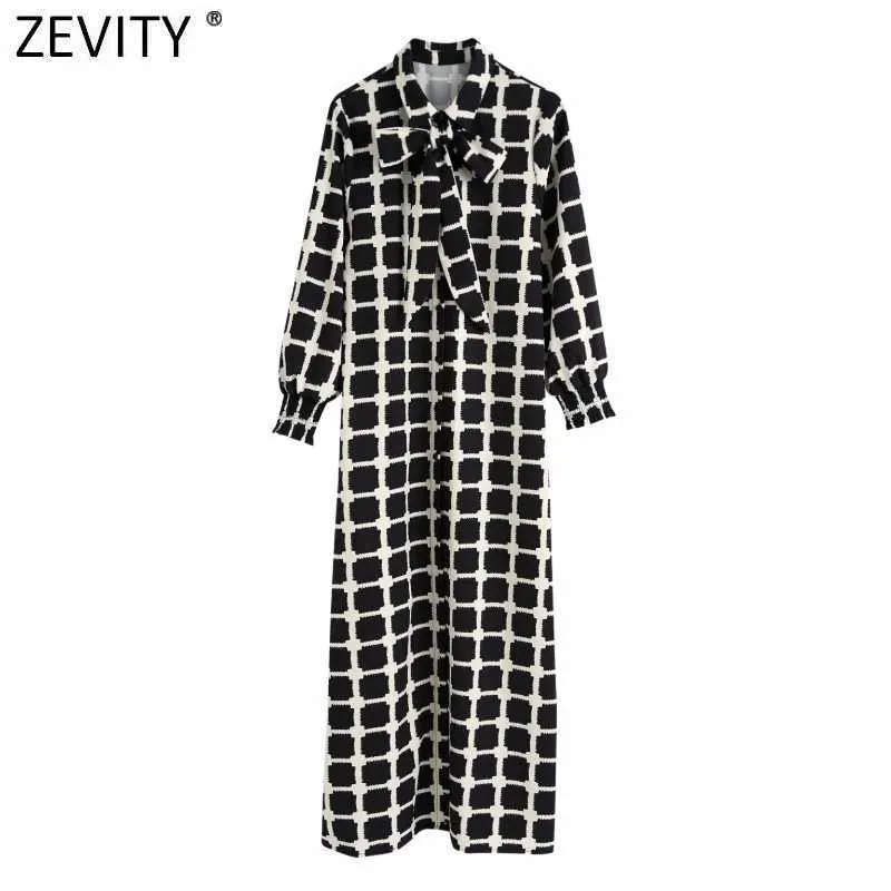 ZEVITY Women Vintage Contrast Color Plaid Print Straight Midi Dress Female Bow Tie Casual Breasted Kimono Vestidos DS8241 210603