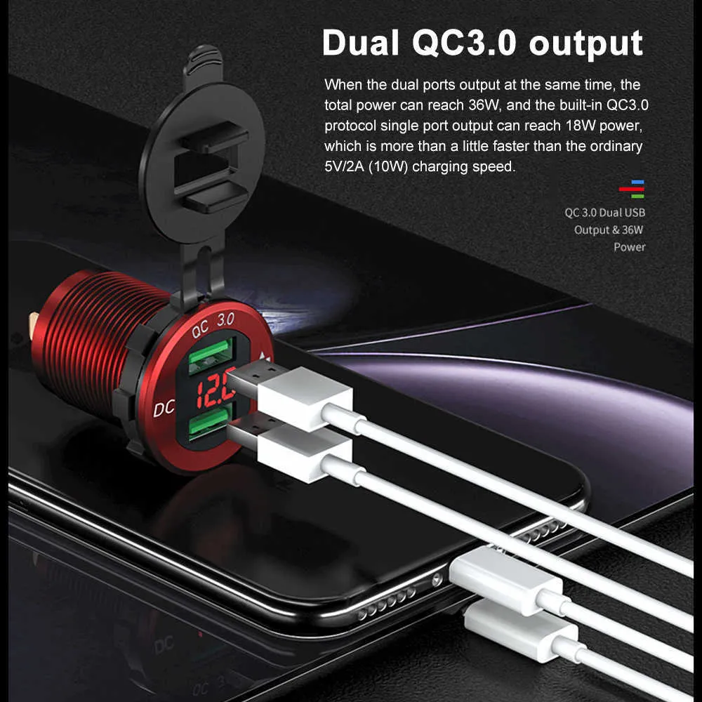 Quick Charge 3 0 Dual USB Caricabatterie Presa di corrente Caricabatterie digitale Display di tensione impermeabile in alluminio 12V 24V Auto Moto Car232g