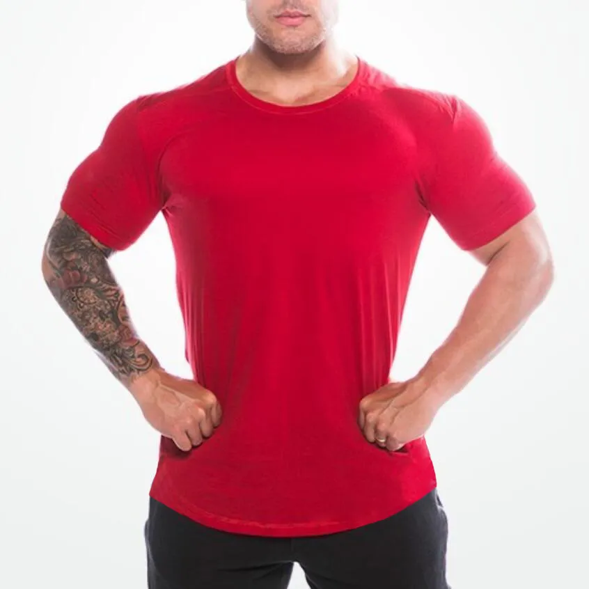 Muscleguys New Solid fitness clothing Gyms Tight t-shirt mens workout t-shirt homme Gyms t shirt men Slim fit Summer top 210421