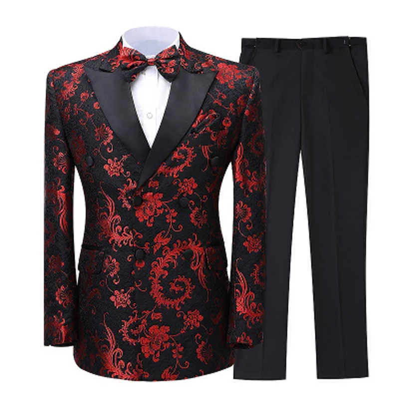 Mężczyźni Garnituje Jesień 2020 Moda Kwiat Drukuj Brytyjski Styl 2 Sztuk Blazer Z Spodnie Zestaw Wedding Party Dress Prom Tuxedo Garnitur X0909