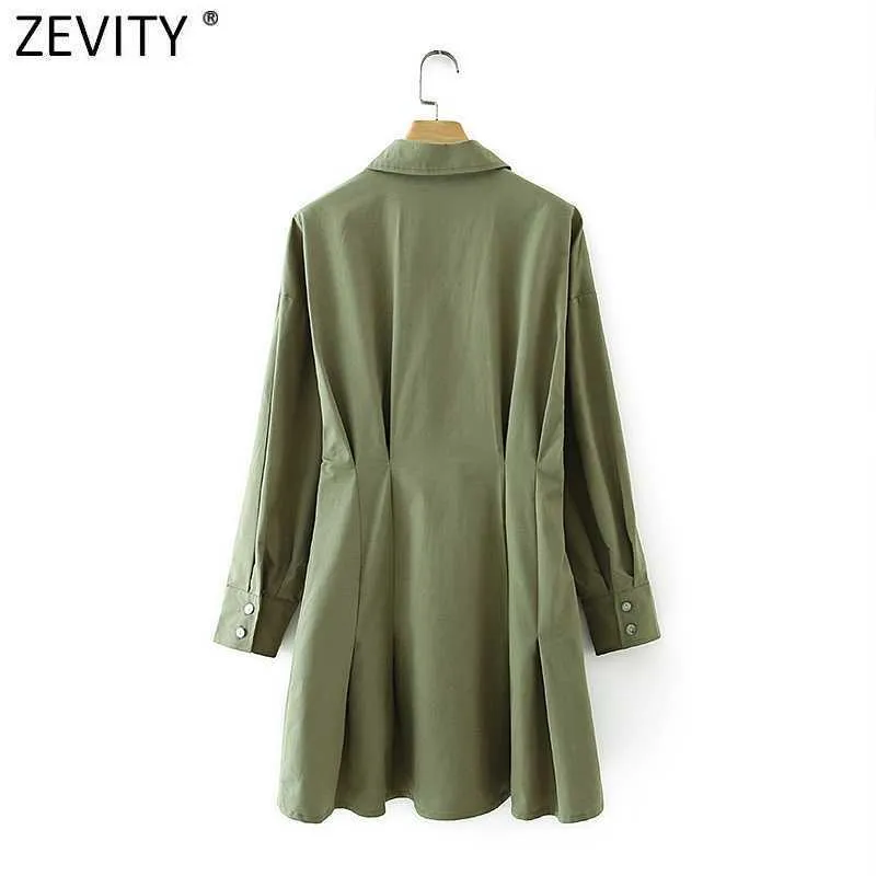 Zevity Women Pockets Patch Prest Plest Shirtdress女性長袖カジュアルスリムビジネスA線Vestidos DS4651 210603