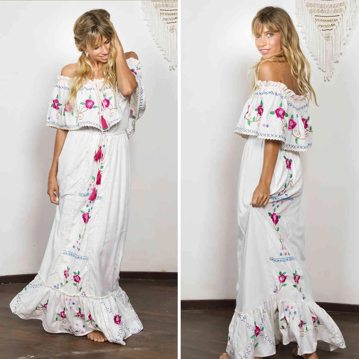 Jastie boho kvinnor elegant broderad spets maxi klä av axeln sexig slash neck casual beach sommar klänning kvinnlig vestidos 210419